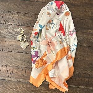 Floral Silk Scarf with Orange Border and Heart Keychain Bundle